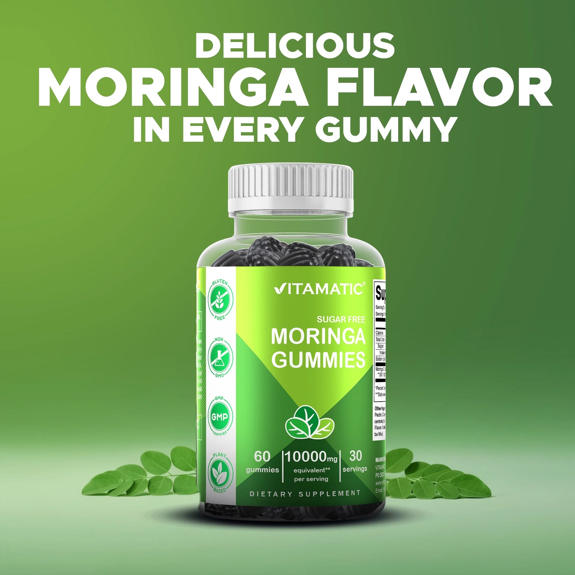 Sugar Free Moringa Gummies - 10000 Mg Equivalent per Serving - Complete Green Superfood - 60 Pectin Based Gummies