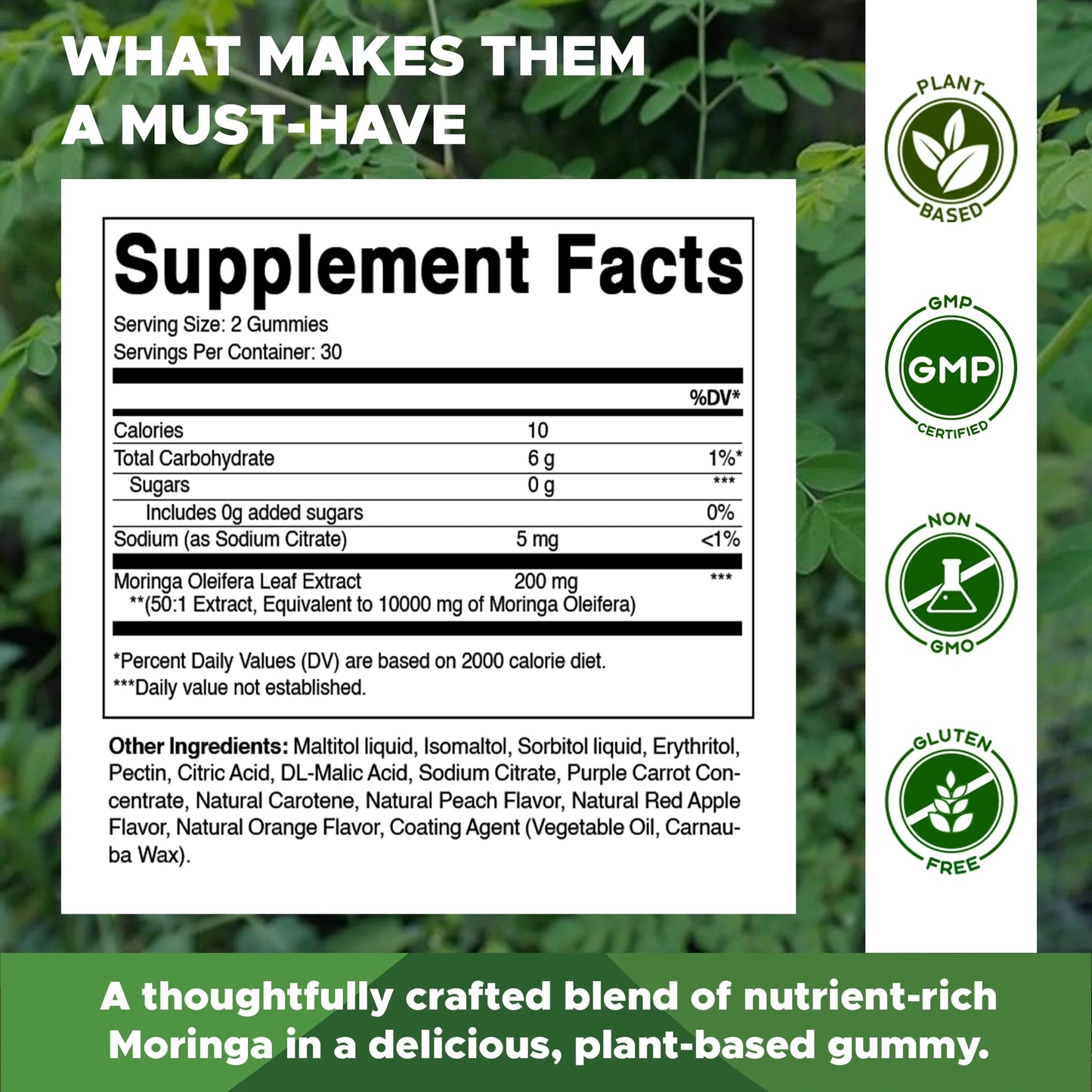 Sugar Free Moringa Gummies - 10000 Mg Equivalent per Serving - Complete Green Superfood - 60 Pectin Based Gummies