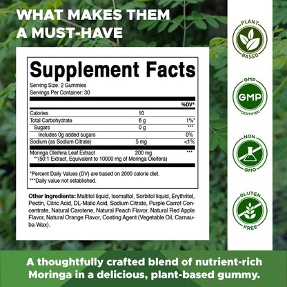 Sugar Free Moringa Gummies - 10000 Mg Equivalent per Serving - Complete Green Superfood - 60 Pectin Based Gummies
