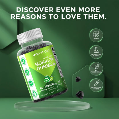 Sugar Free Moringa Gummies - 10000 Mg Equivalent per Serving - Complete Green Superfood - 60 Pectin Based Gummies