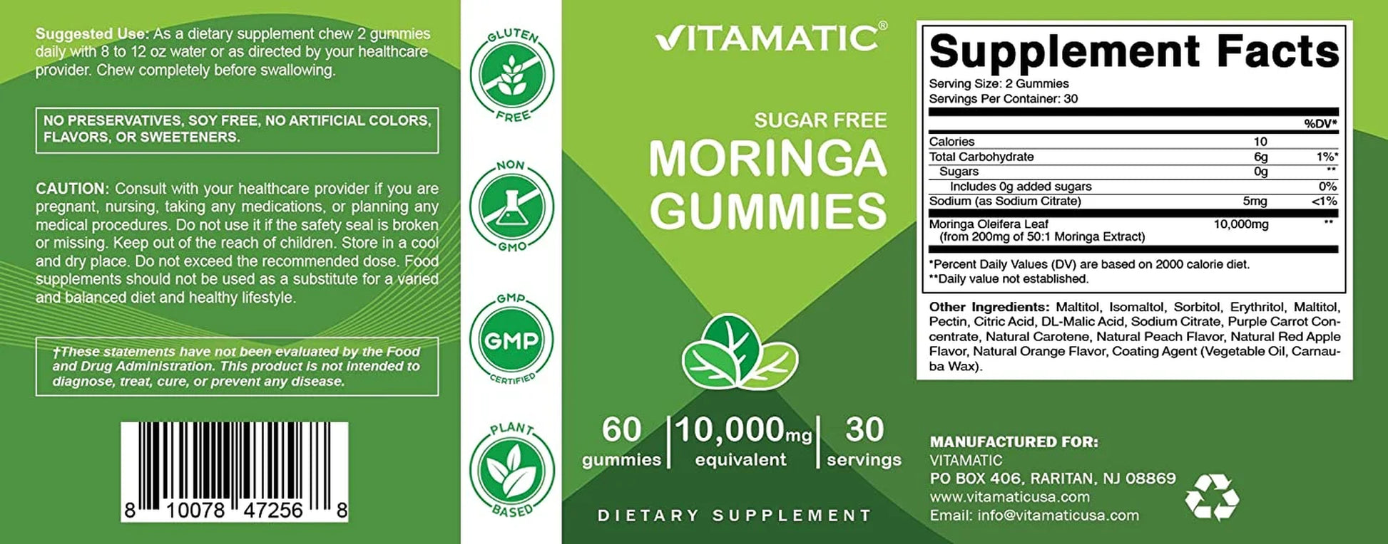 Sugar Free Moringa Gummies - 10000 Mg Equivalent per Serving - Complete Green Superfood - 60 Pectin Based Gummies